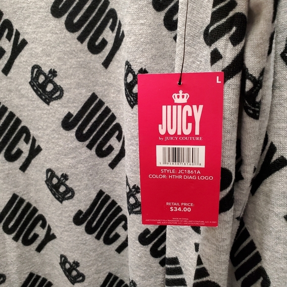 JUICY COUTURE Juniors Long Sleeve Short Night Gown Crown NWT Size L Gray Black - Picture 4 of 7